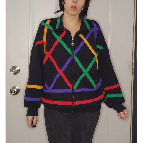 80s Black Geometric Zip Up Sweatshirt‎ - Picture 1 of 4